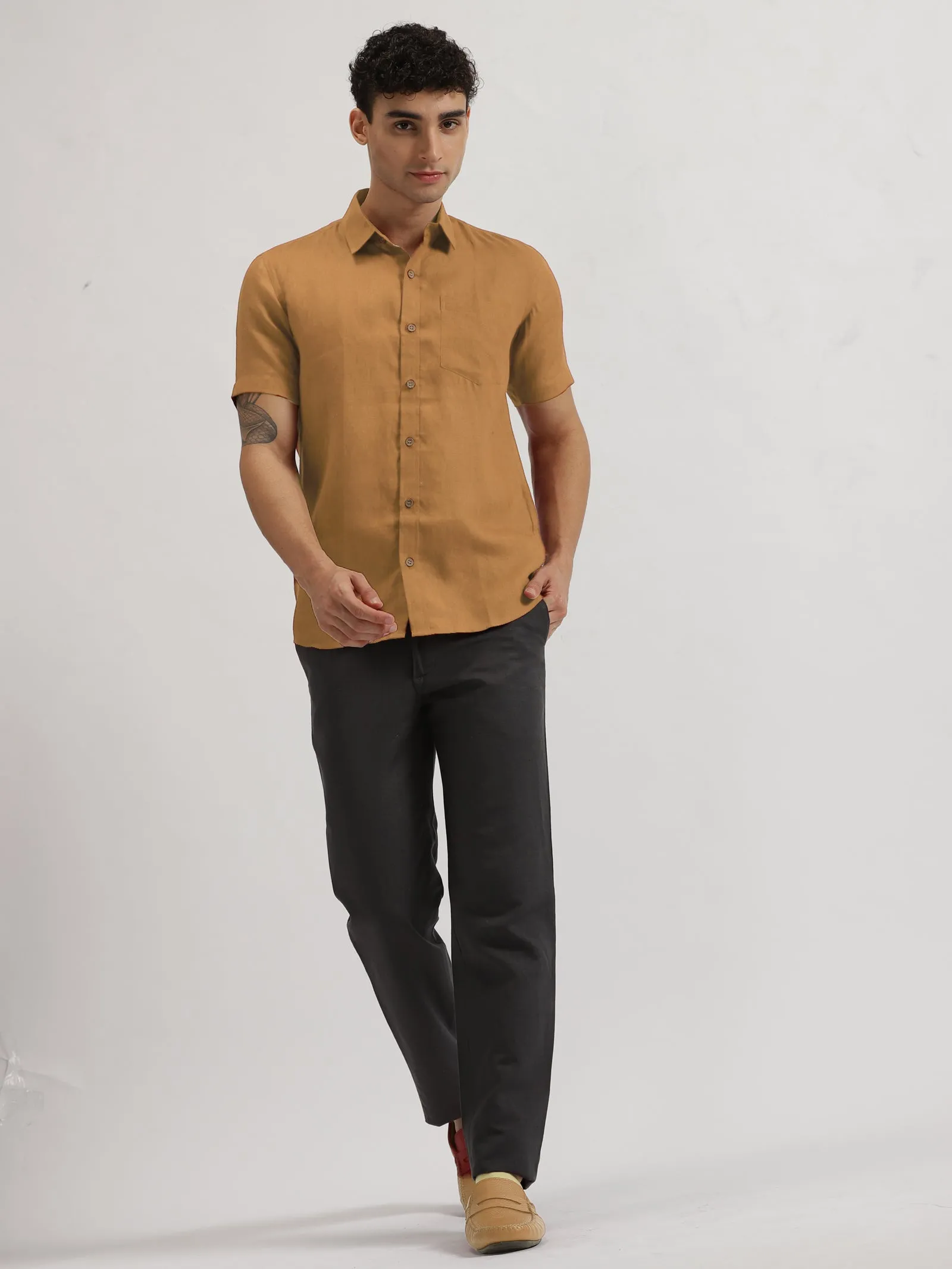 Harvey - Pure Linen Half Sleeve Shirt - Mustard Brown