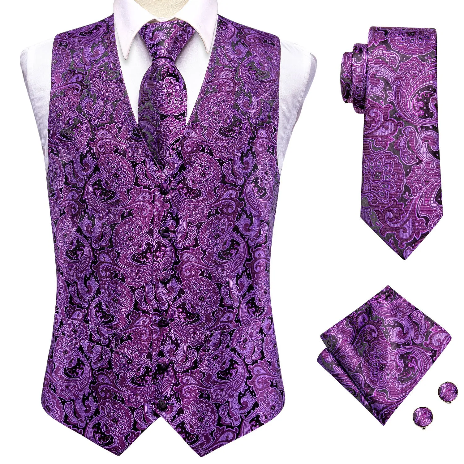 Hi-Tie Black Purple Paisley Silk Men Vest Hanky Cufflinks Tie Suit Set