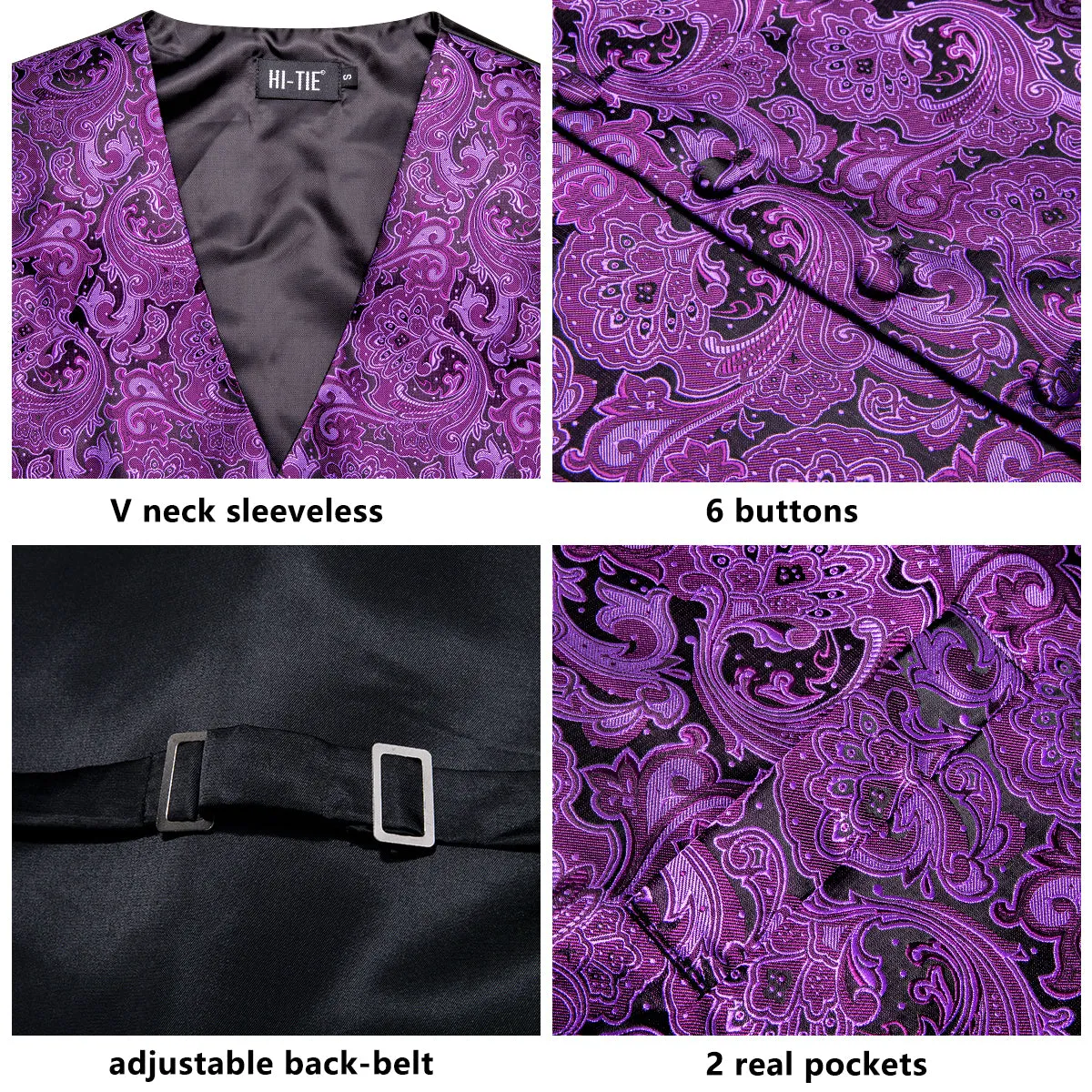 Hi-Tie Black Purple Paisley Silk Men Vest Hanky Cufflinks Tie Suit Set