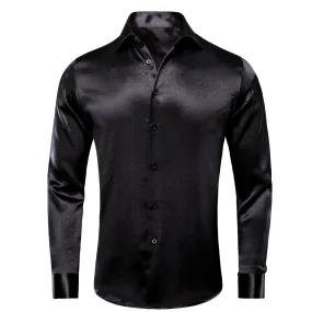 Hi-Tie Black Silk Button Up shirt Black Satin Men's Long Sleeve Shirt