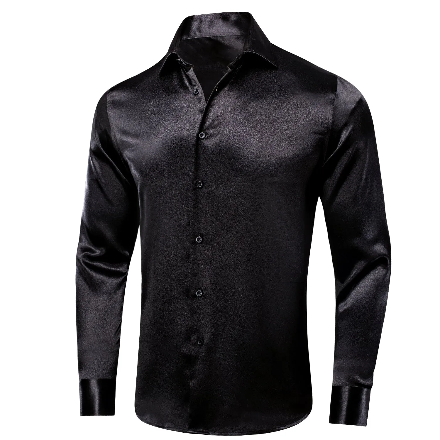 Hi-Tie Black Silk Button Up shirt Black Satin Men's Long Sleeve Shirt