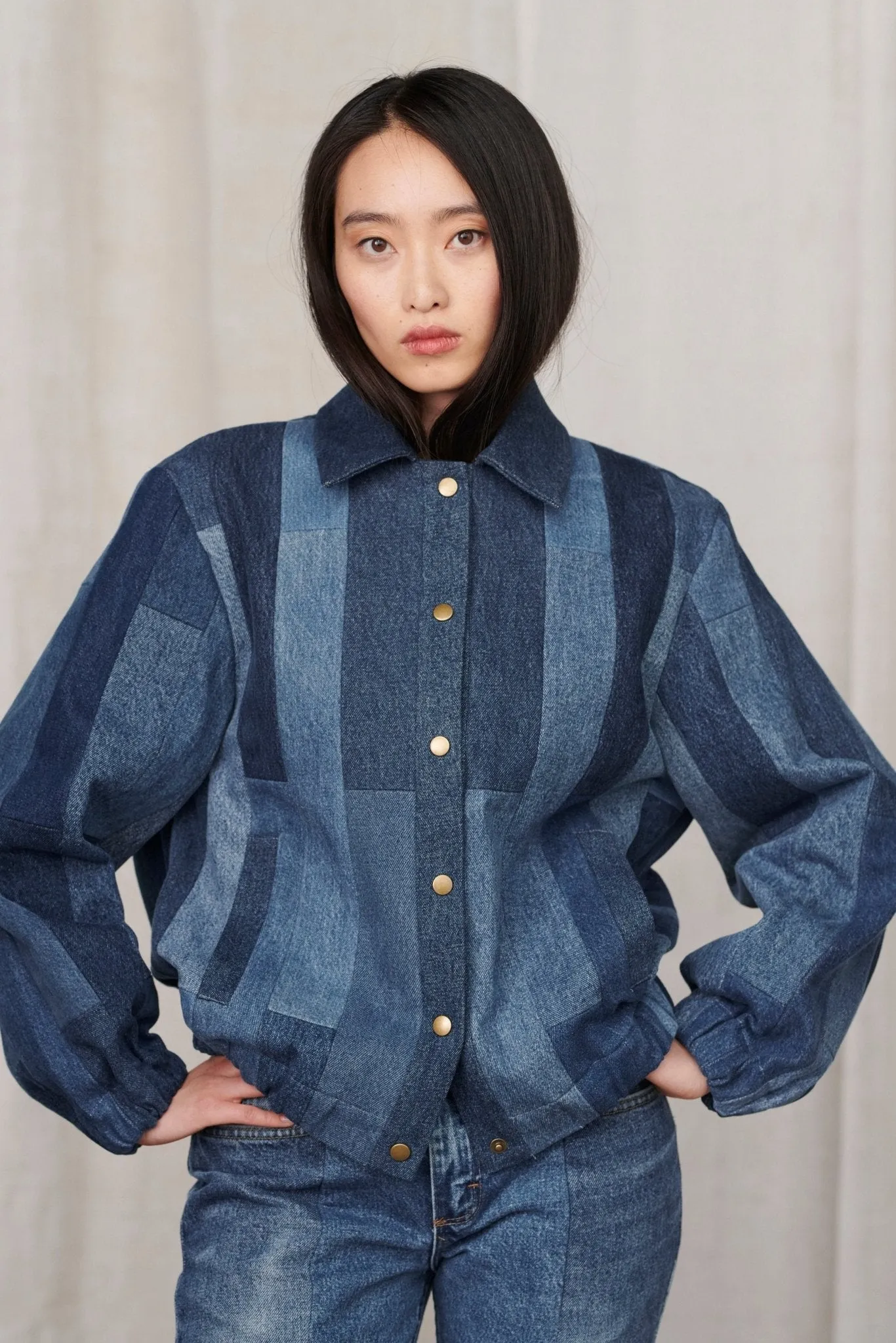 Kara Bomber Jacket Tessellated Denim Patchwork