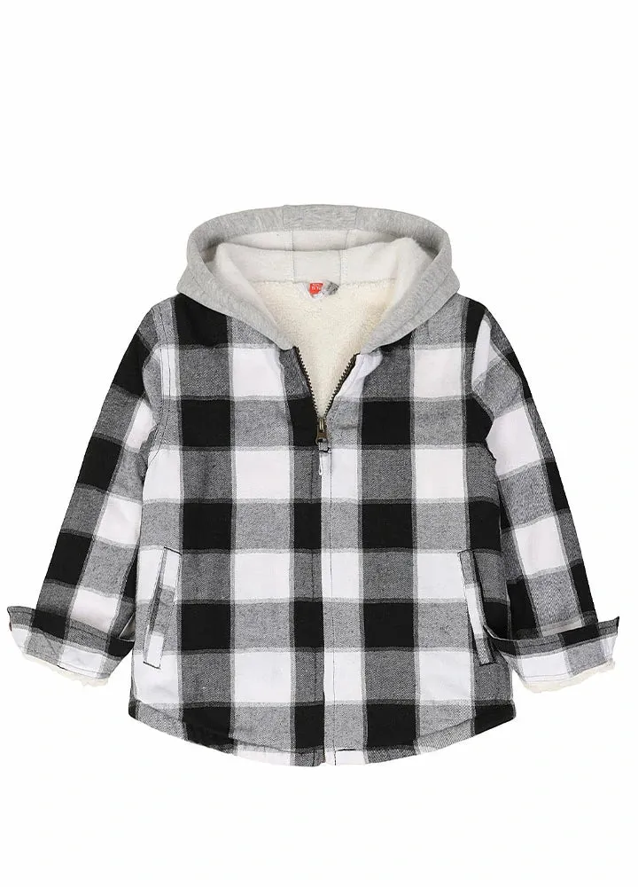 Kids Sherpa-Lined Zip Up Flannel Shirt,Hooded Plaid