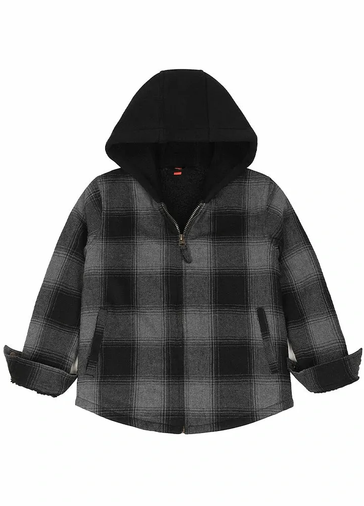 Kids Sherpa-Lined Zip Up Flannel Shirt,Hooded Plaid