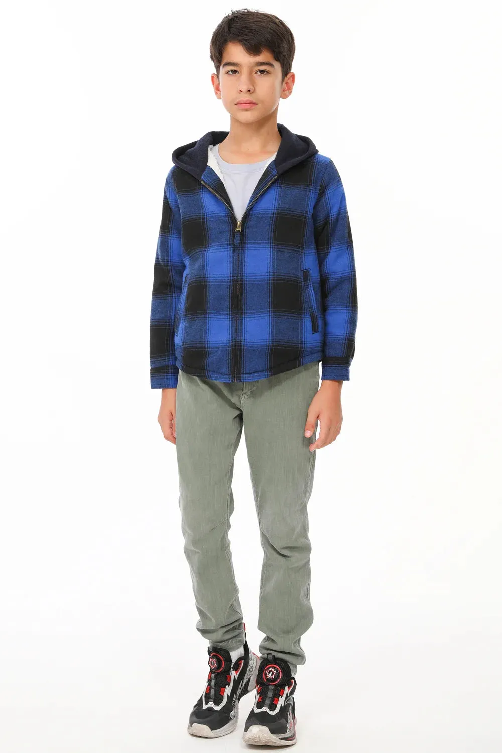 Kids Sherpa-Lined Zip Up Flannel Shirt,Hooded Plaid