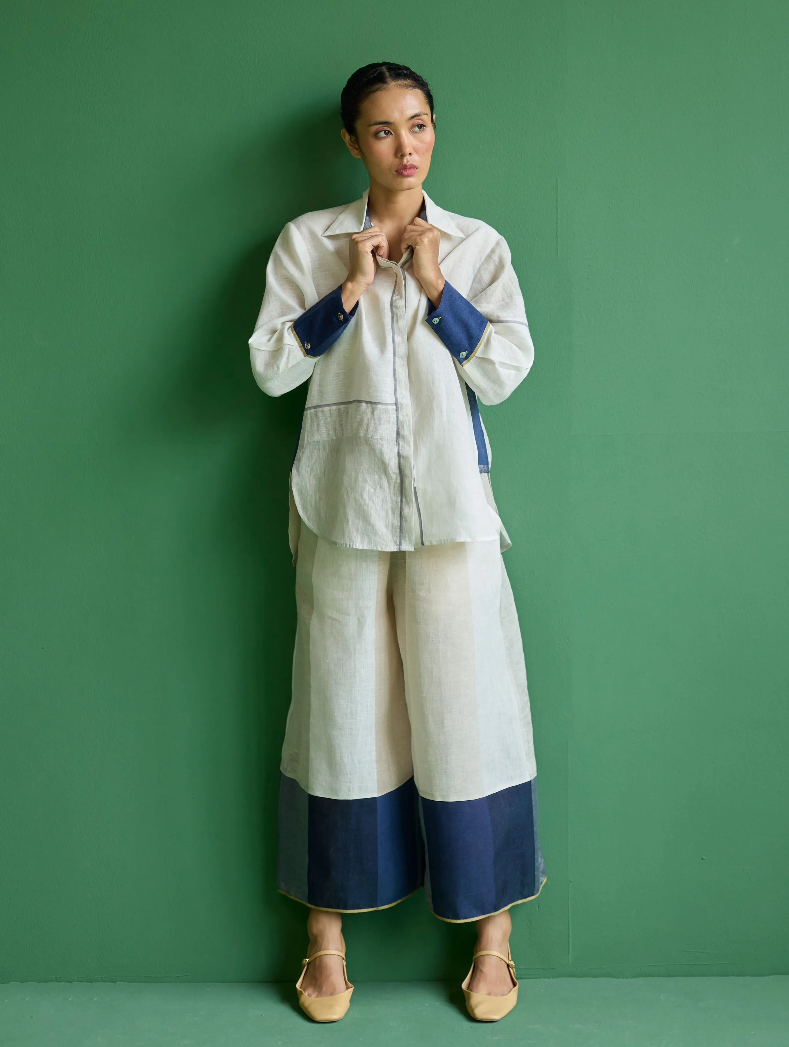 Kio Color-Blocked Linen Pant- Ivory