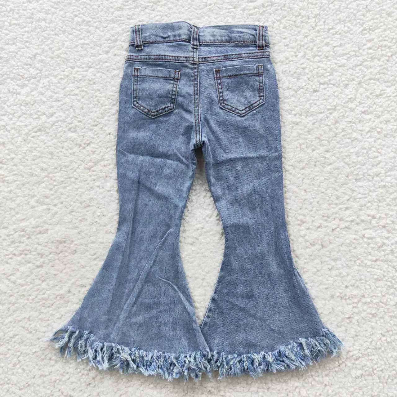 Light blue kids girl flare fringe denim jeans P0132