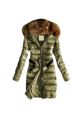 Long Quilted Jacket With Fur Collar And Raccoon Fur