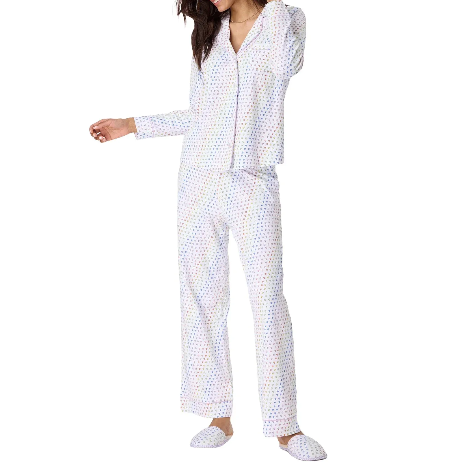 Long Sleeve Lapel Button Up Tops Heart Print Pants Sleepwear Fall Pajamas