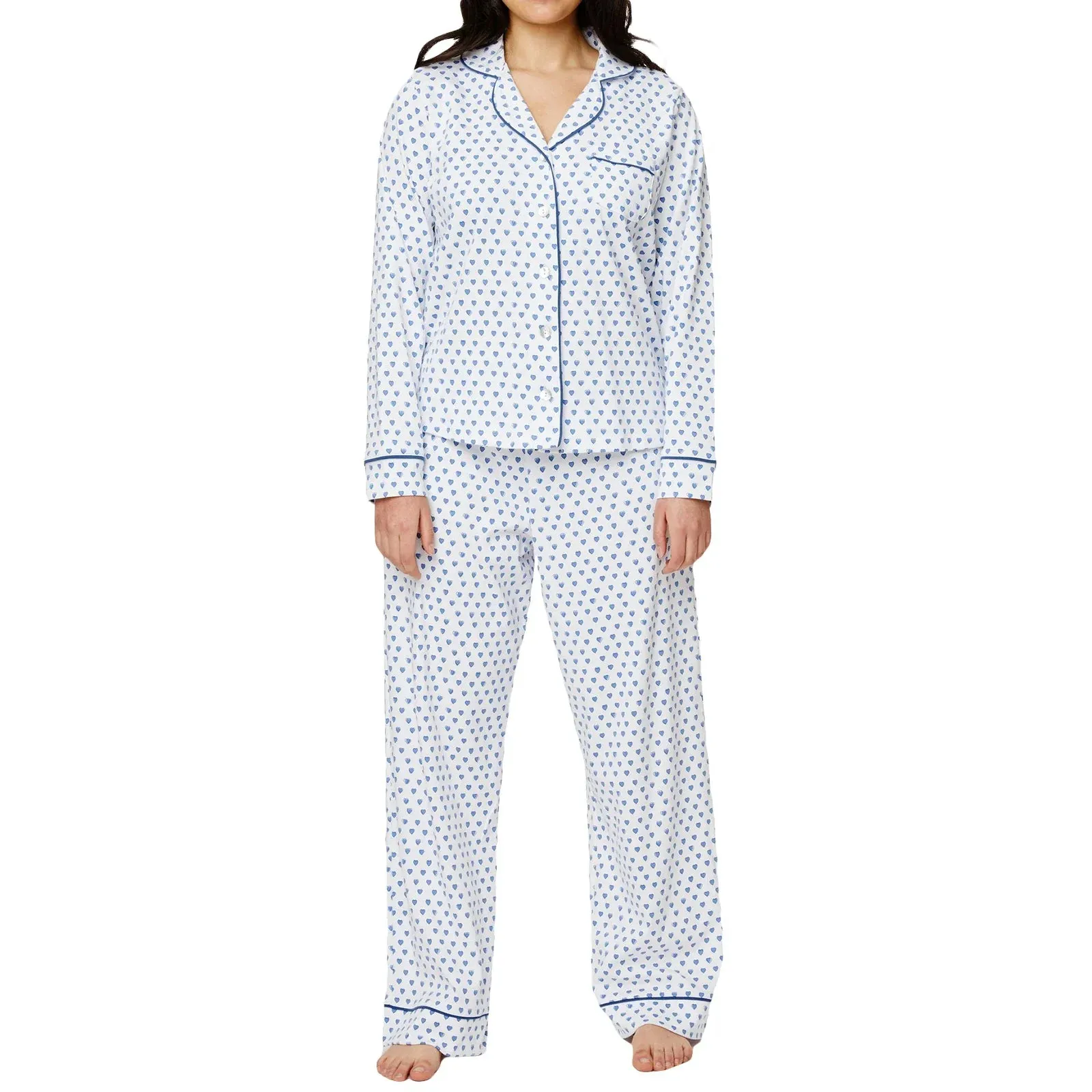 Long Sleeve Lapel Button Up Tops Heart Print Pants Sleepwear Fall Pajamas