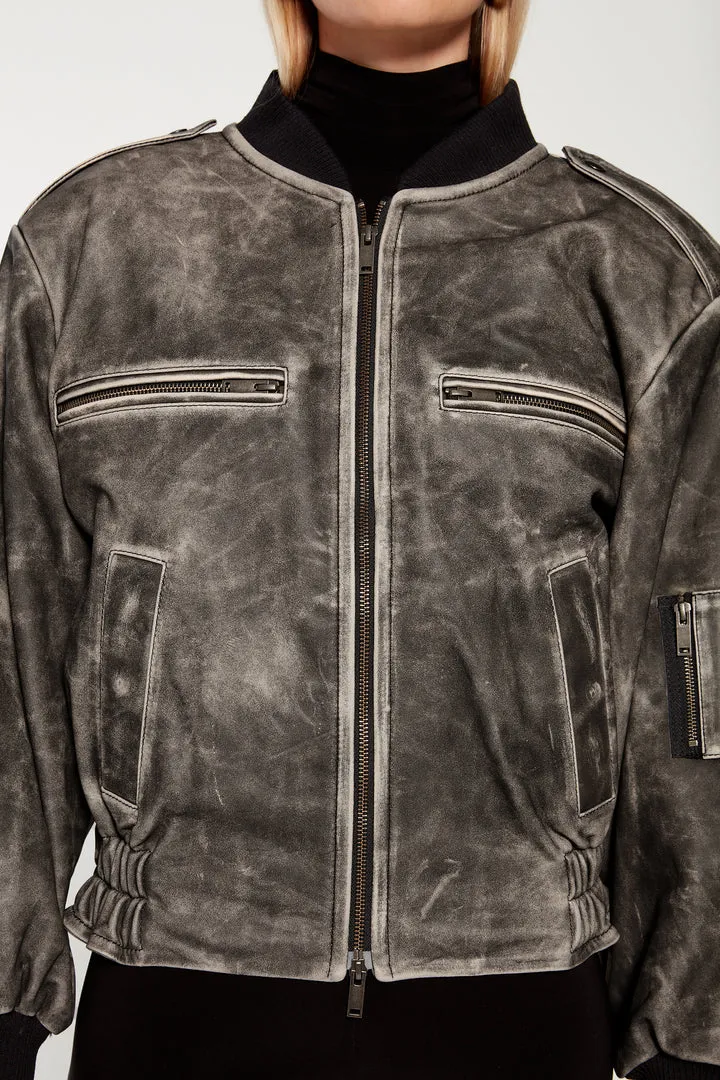 Luna Distressed Leather Bomber Jacket