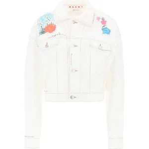 Marni "cropped denim jacket with flower patches and embroidery"