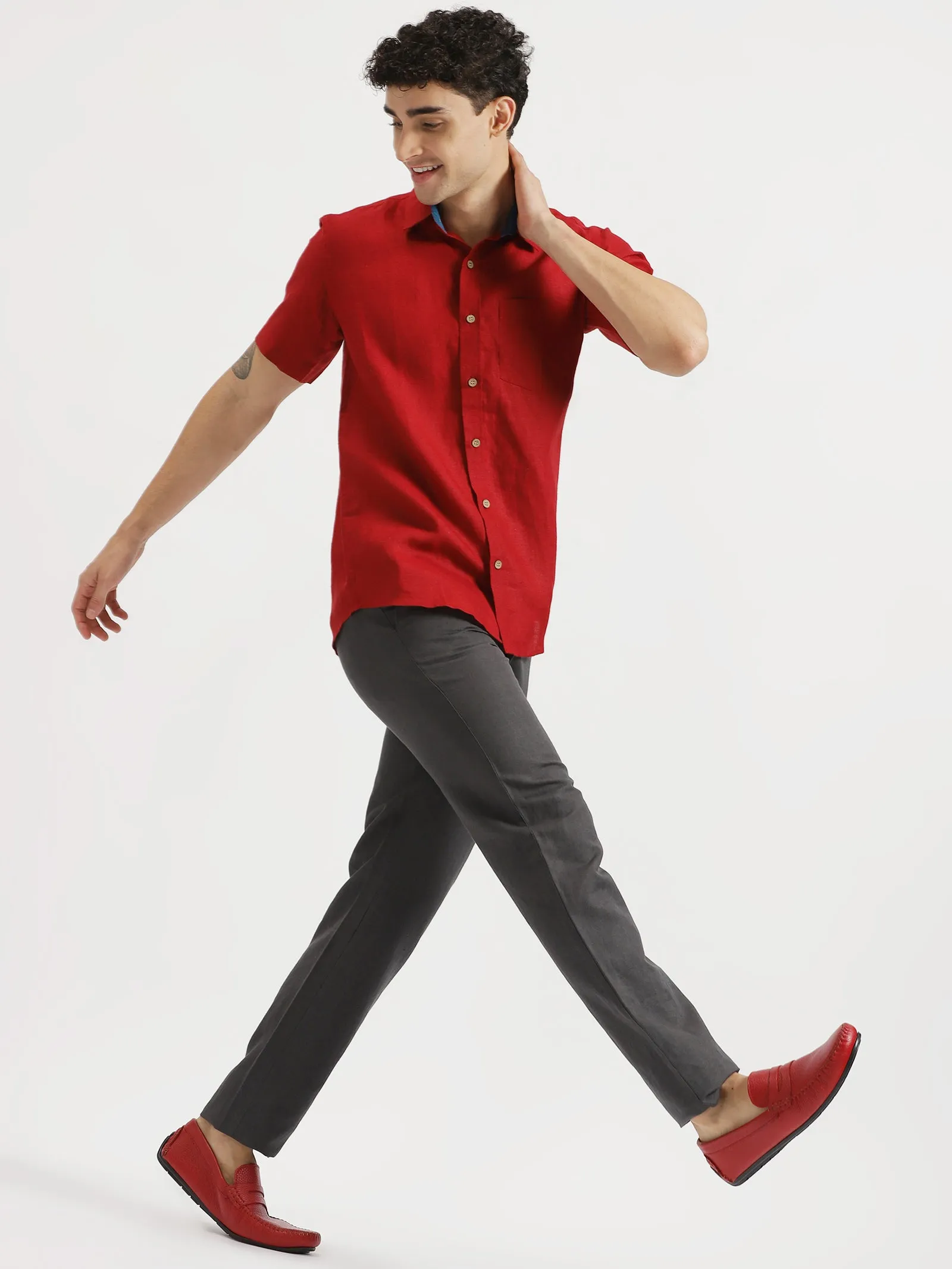 Max - Pure Linen Half Sleeve Shirt - Mud Red