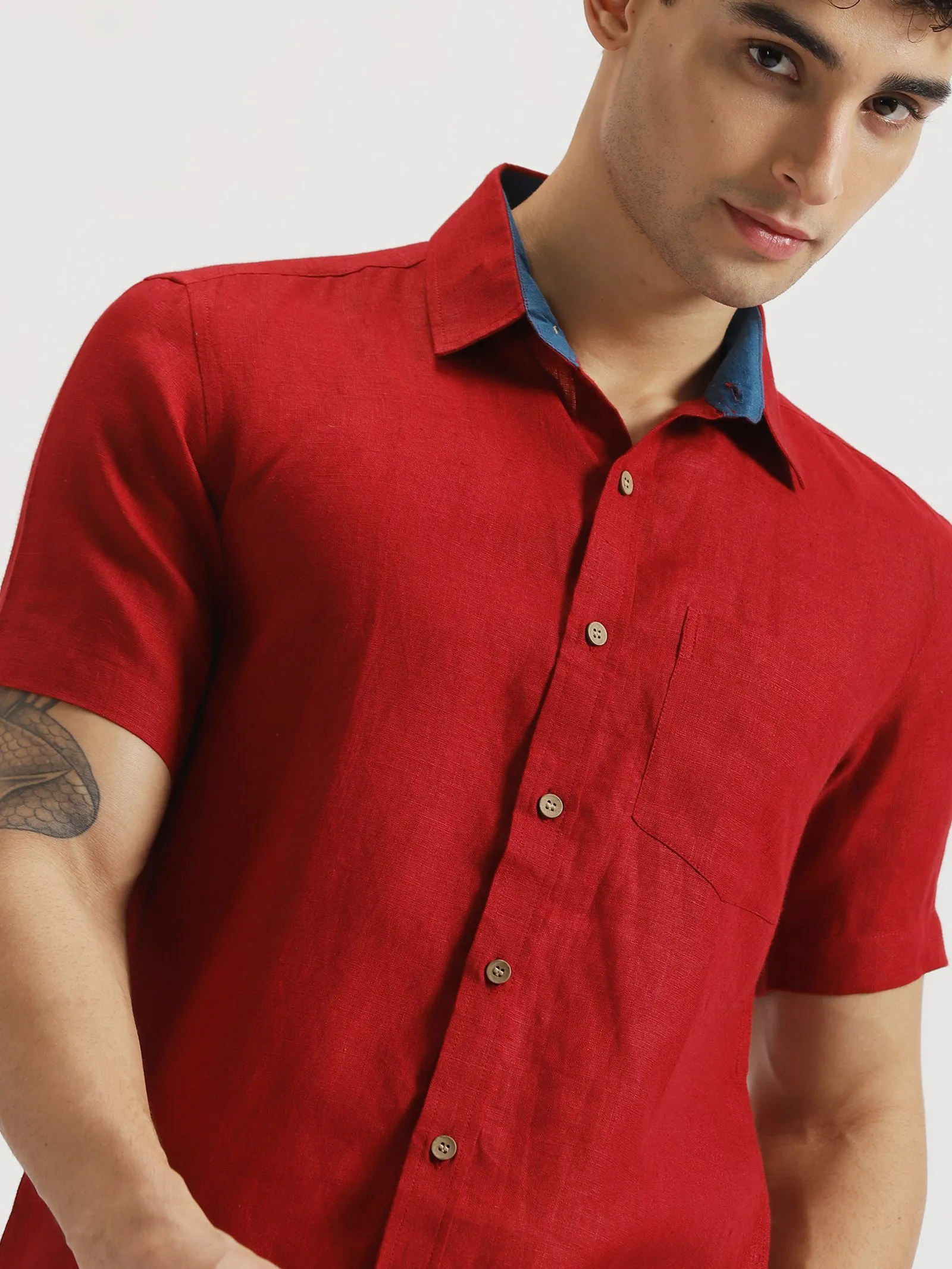 Max - Pure Linen Half Sleeve Shirt - Mud Red