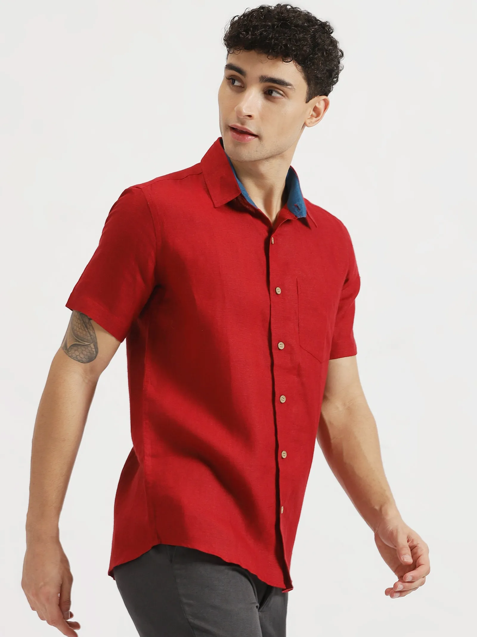 Max - Pure Linen Half Sleeve Shirt - Mud Red