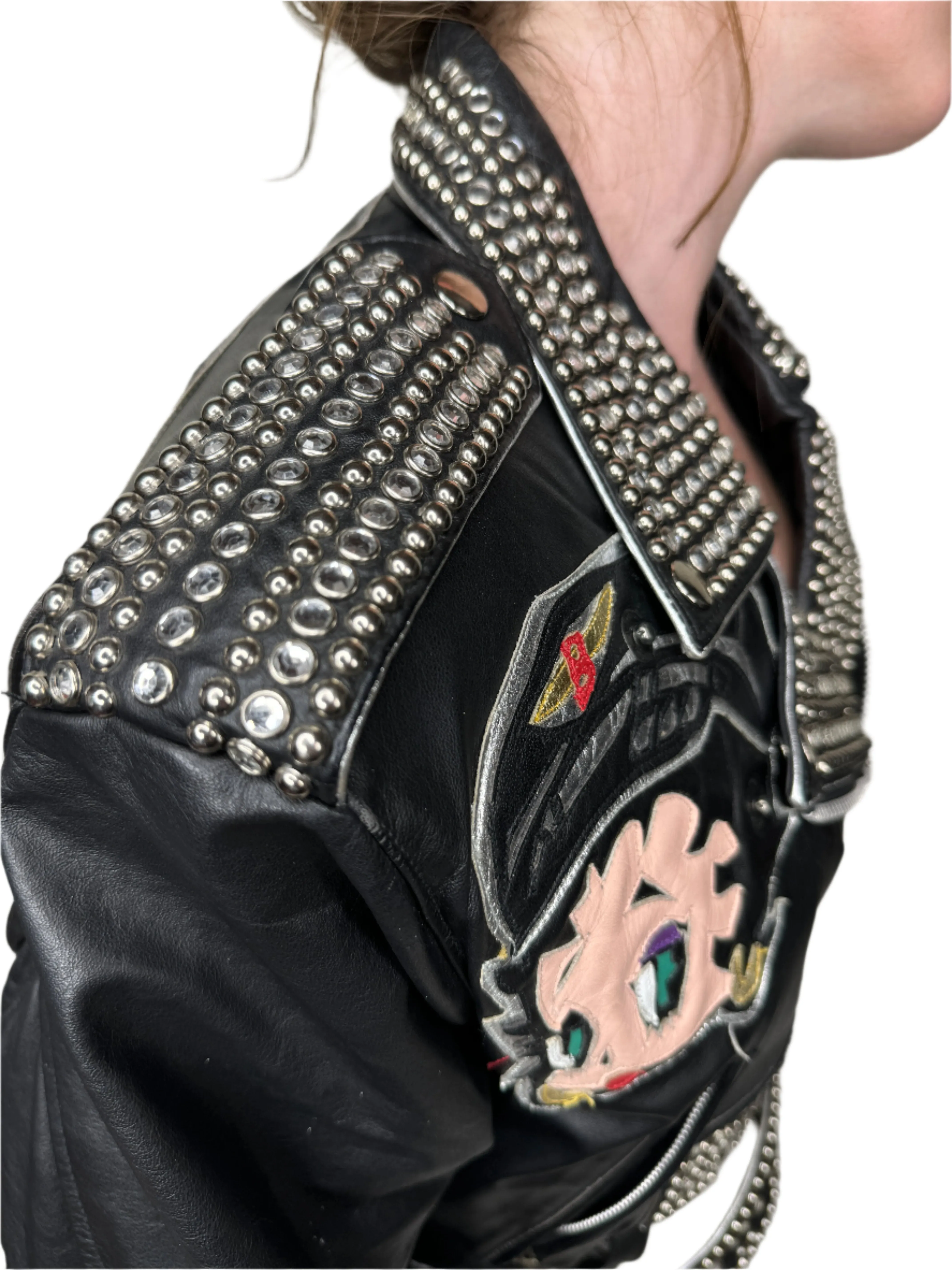 Maziar Betty Boop, Black Leather Moto Jacket 1990s