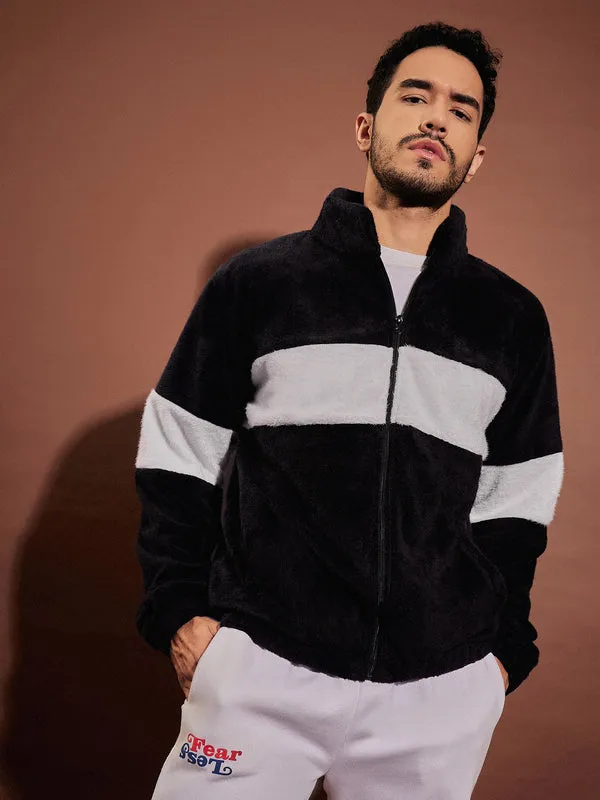 Men Black & White Fur ColorBlock Zipper Sweatshirt