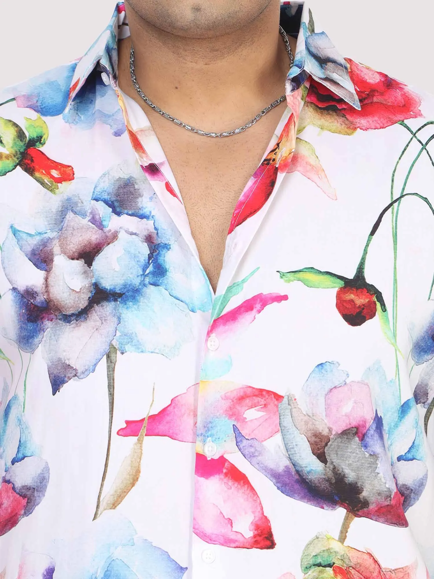 Men Plus Size Watercolour Flower Digital Printed Half Shirt