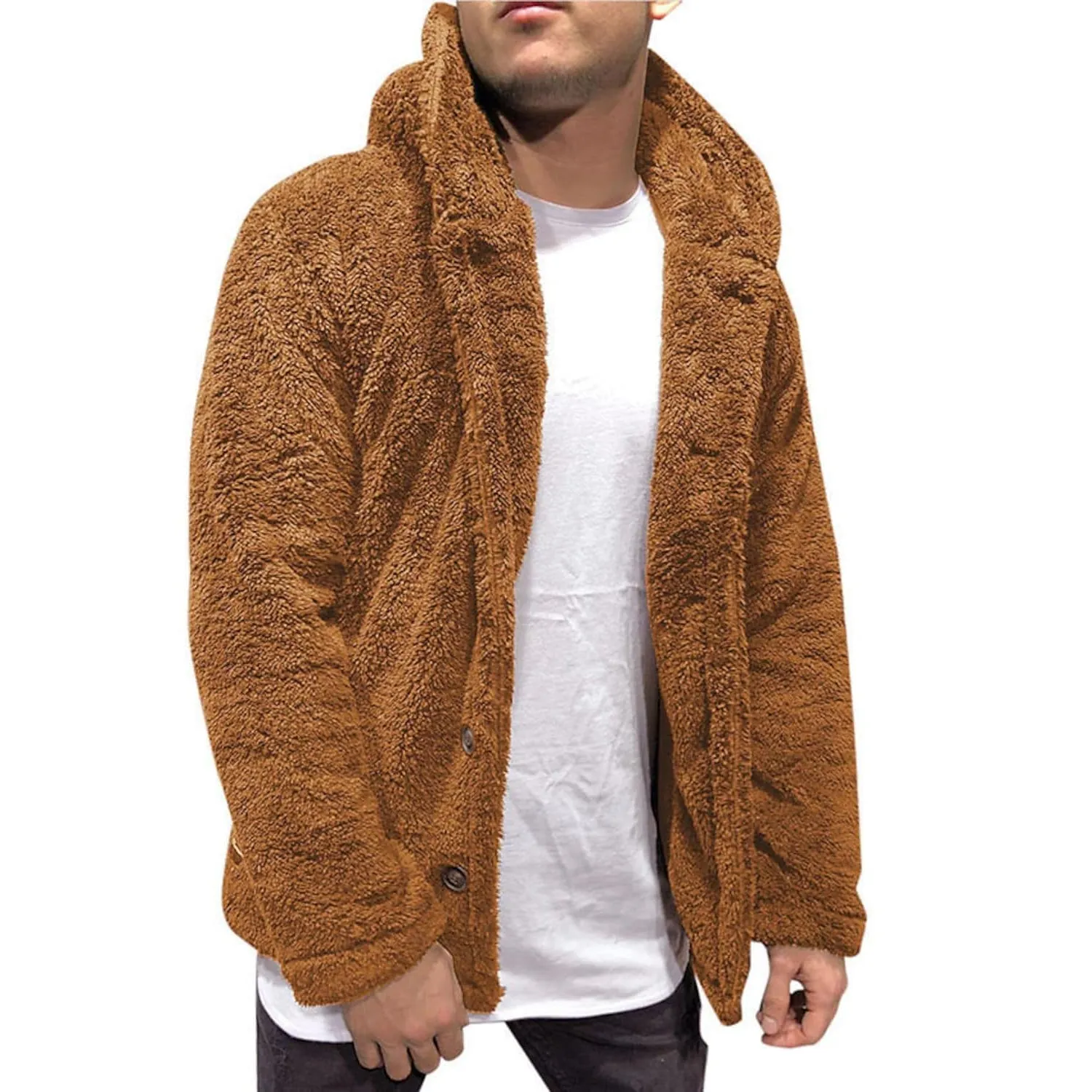 Men's Fuzzy Sherpa Hooded Solid Coat