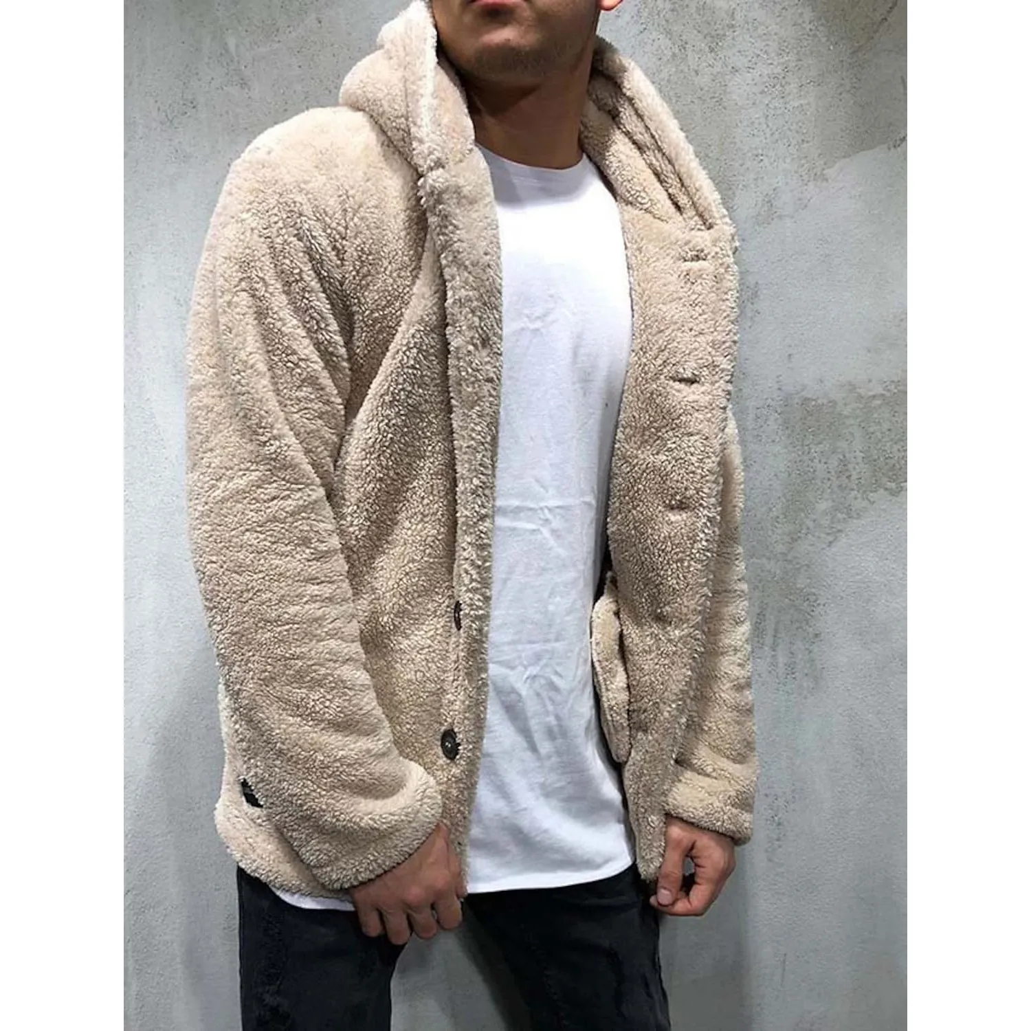 Men's Fuzzy Sherpa Hooded Solid Coat