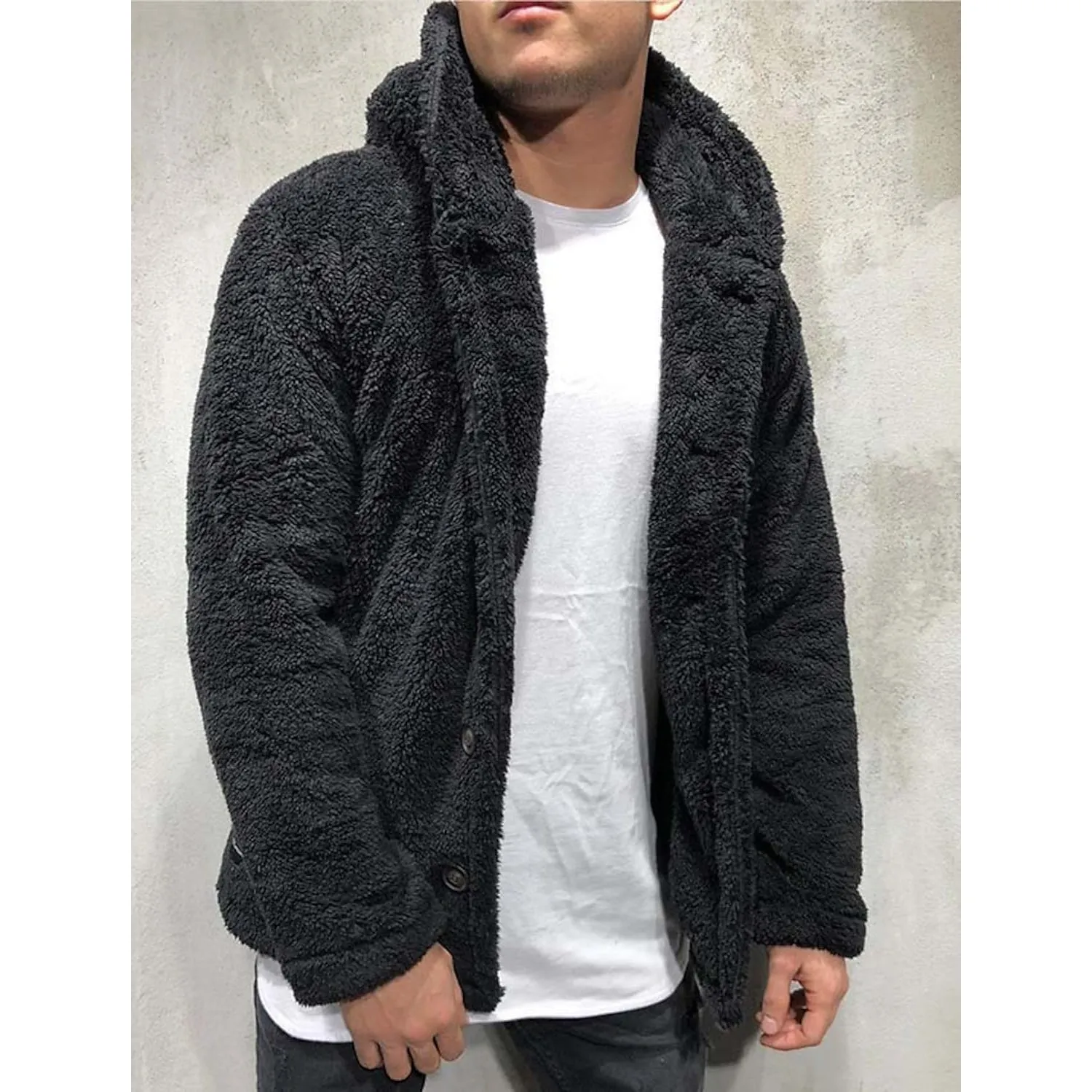 Men's Fuzzy Sherpa Hooded Solid Coat