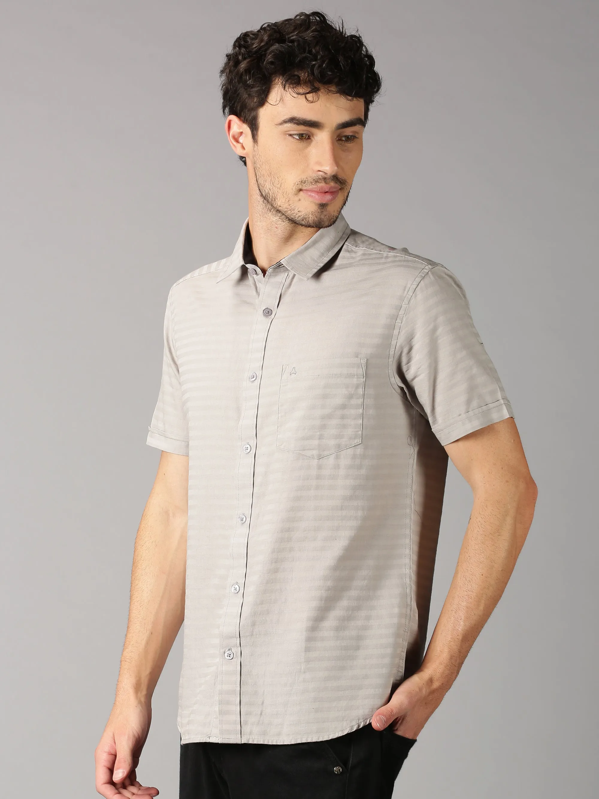 MEN'S GREY DOBBY STRIPE SLIM FIT SHIRT