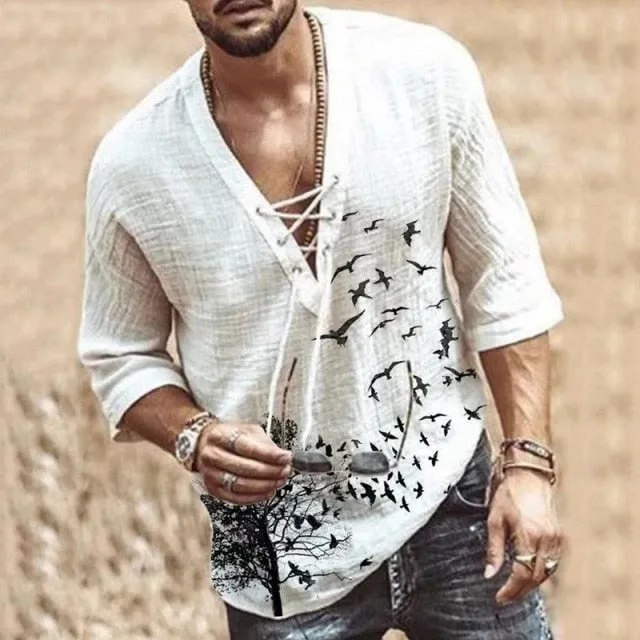 Men's Hollow Out Linen Oversized T shirt Summer Male Sexy Deep V Neck bandage Men Clothing Casual Solid Color Linen Tops