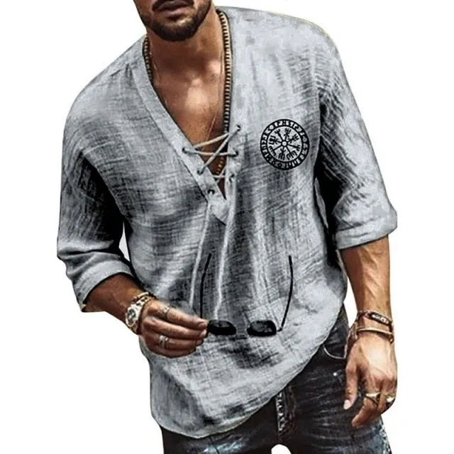 Men's Hollow Out Linen Oversized T shirt Summer Male Sexy Deep V Neck bandage Men Clothing Casual Solid Color Linen Tops