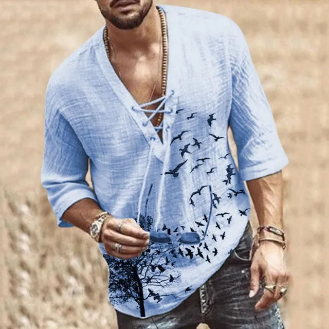 Men's Hollow Out Linen Oversized T shirt Summer Male Sexy Deep V Neck bandage Men Clothing Casual Solid Color Linen Tops