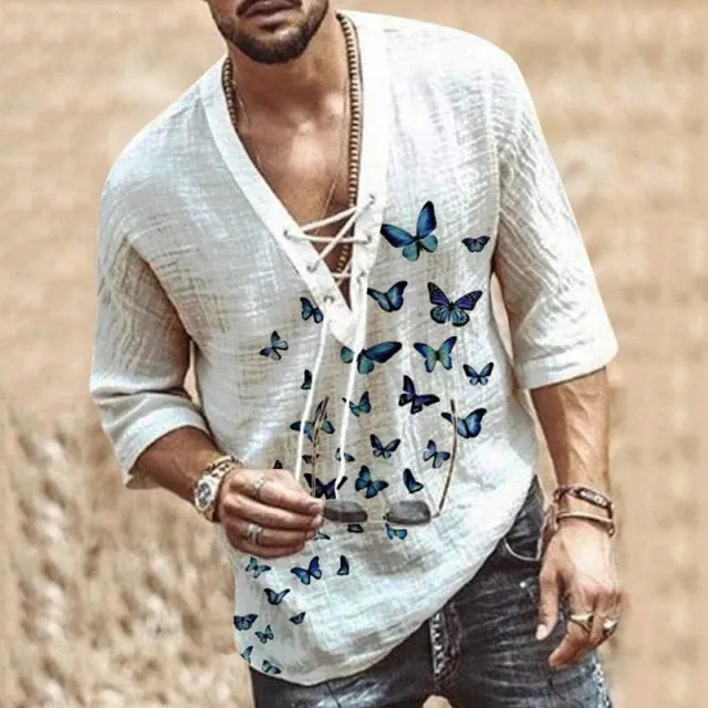 Men's Hollow Out Linen Oversized T shirt Summer Male Sexy Deep V Neck bandage Men Clothing Casual Solid Color Linen Tops