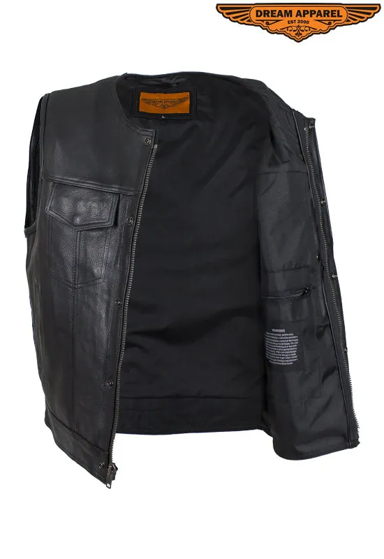 Mens Leather Motorcycle Vest No Collar Concealed Carry Gun Pockets