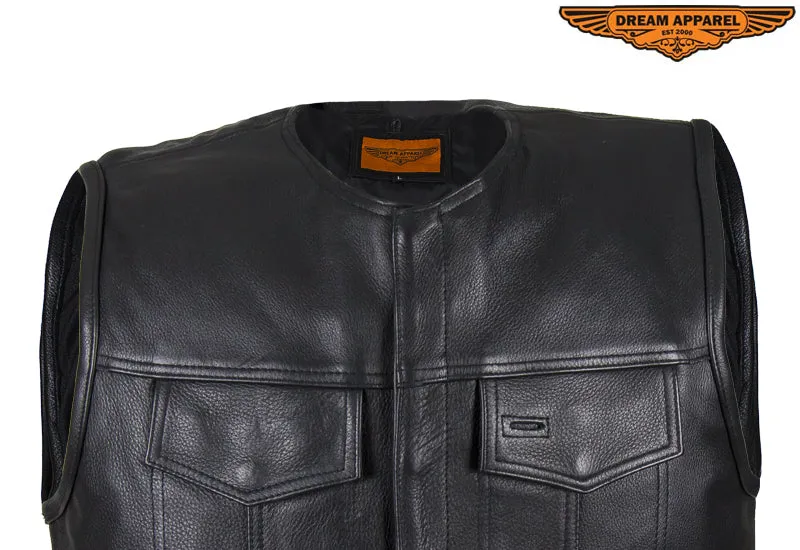 Mens Leather Motorcycle Vest No Collar Concealed Carry Gun Pockets