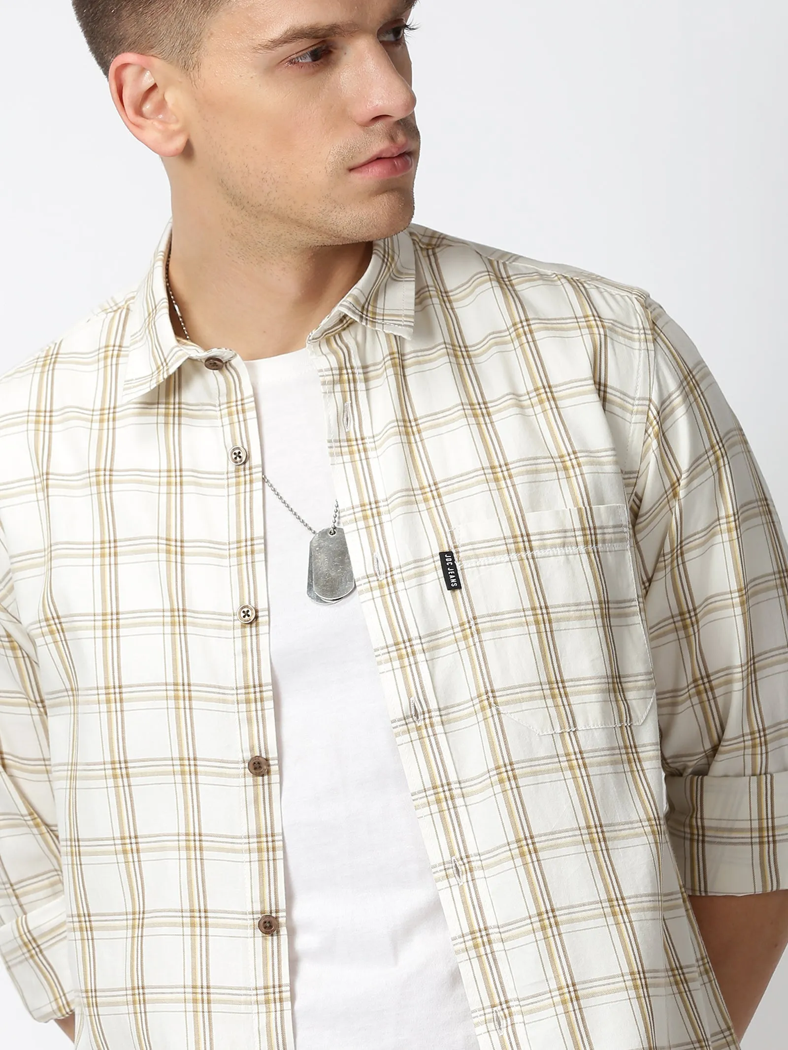 MEN'S OFF WHITE CHECKS SLIM FIT SHIRT