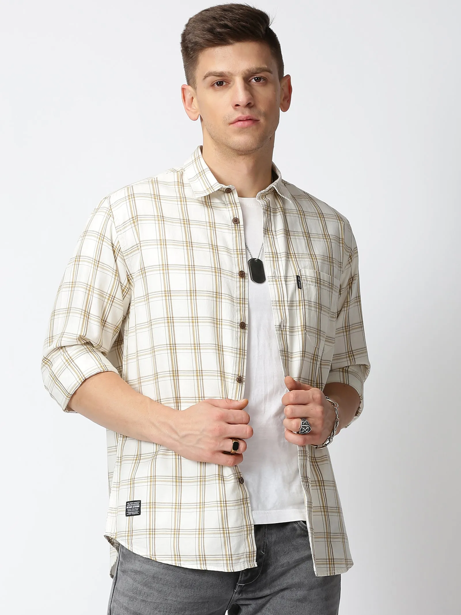 MEN'S OFF WHITE CHECKS SLIM FIT SHIRT