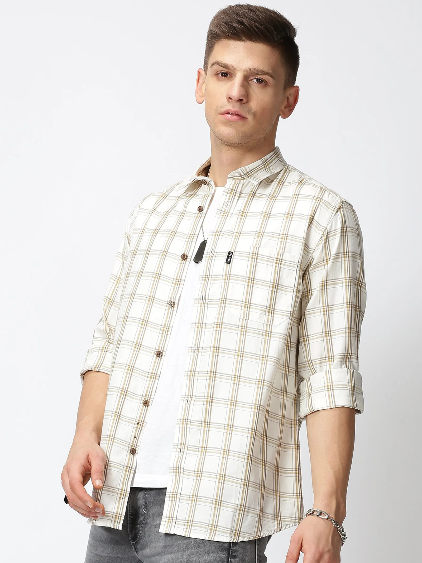 MEN'S OFF WHITE CHECKS SLIM FIT SHIRT