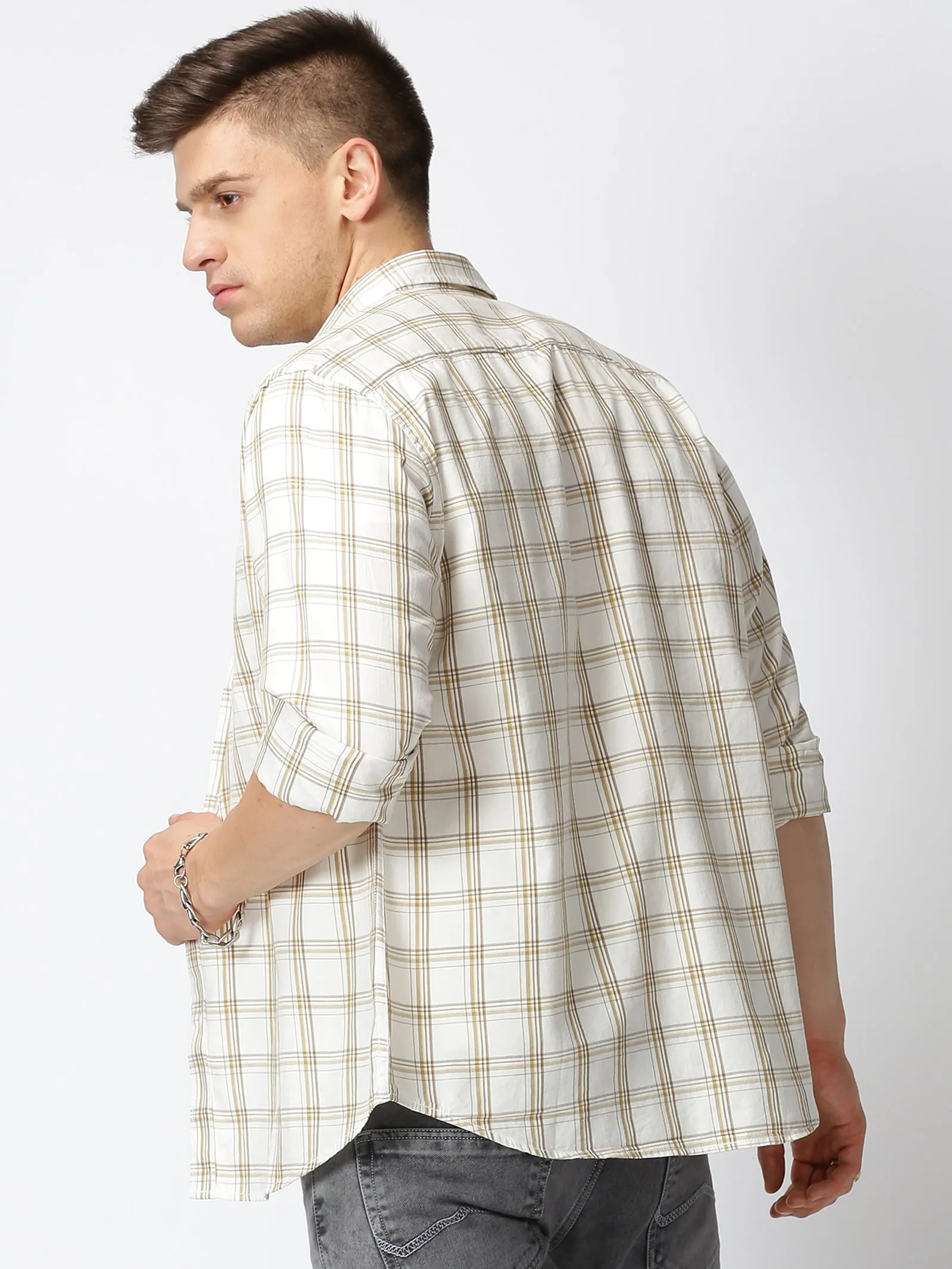 MEN'S OFF WHITE CHECKS SLIM FIT SHIRT