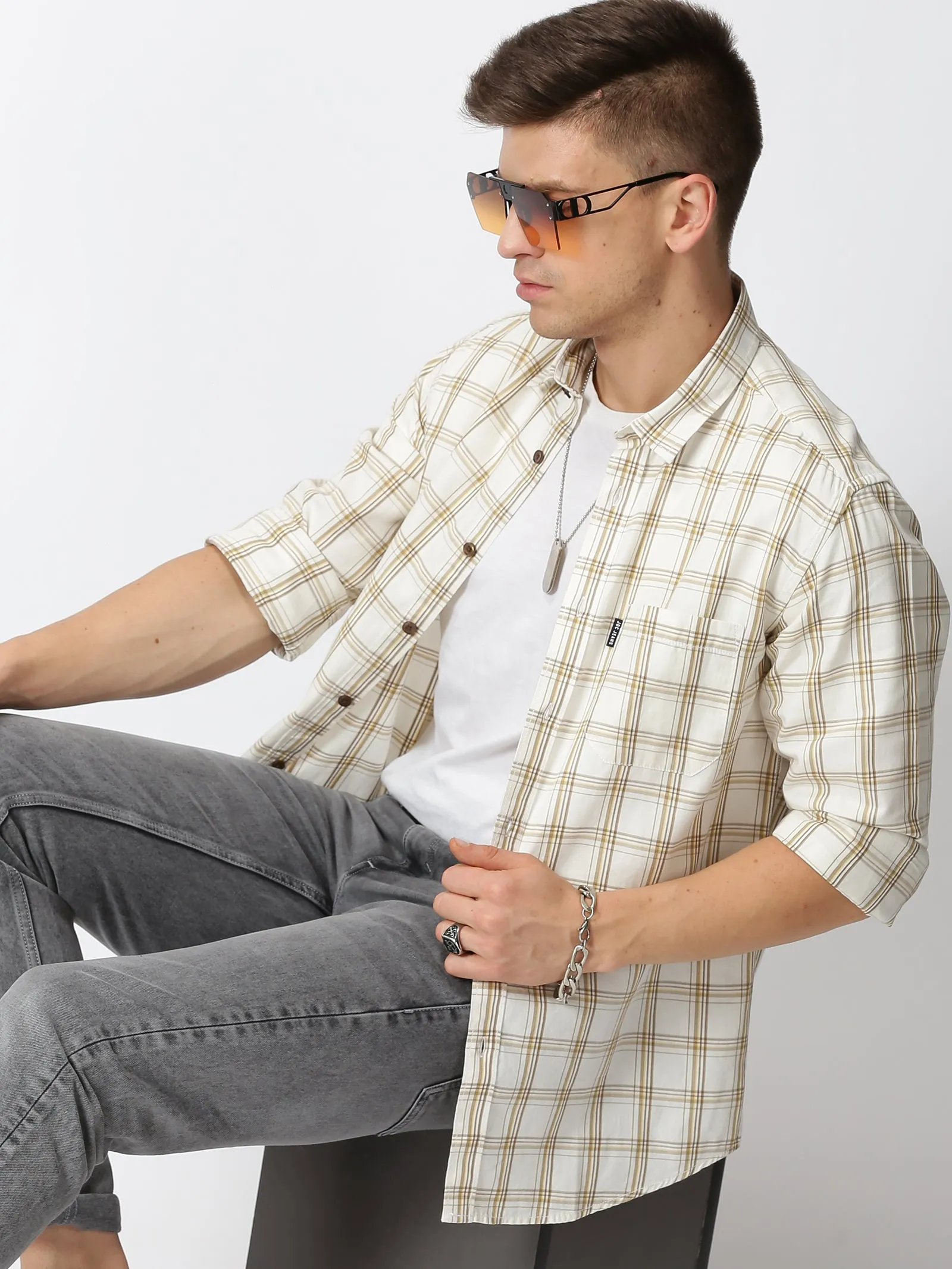 MEN'S OFF WHITE CHECKS SLIM FIT SHIRT