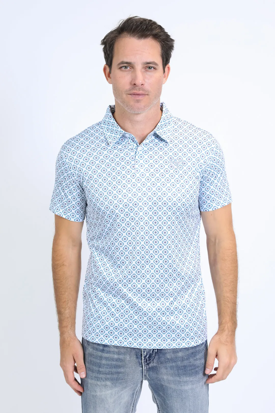 Mens Performance Fabric Print White Polo