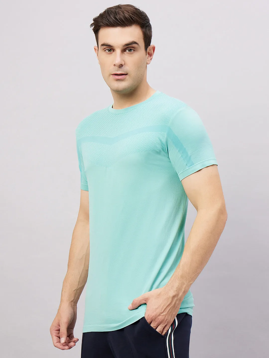 Men's Round Neck Half Sleeves Seamless T-Shirt - Aqua