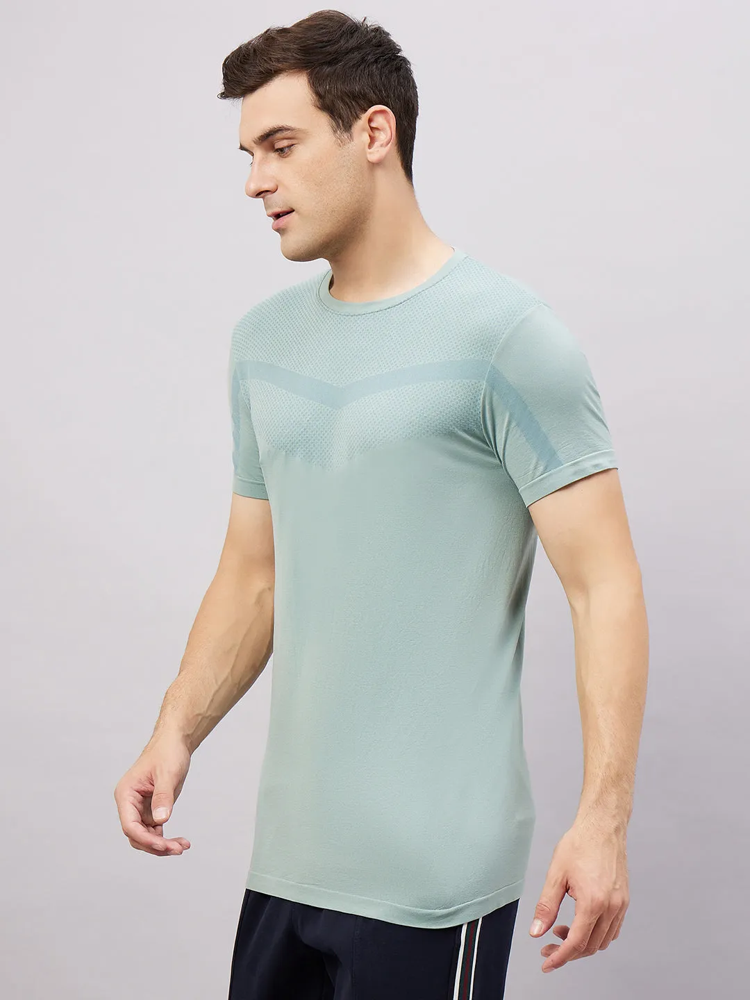 Men's Round Neck Half Sleeves Seamless T-Shirt - Aqua