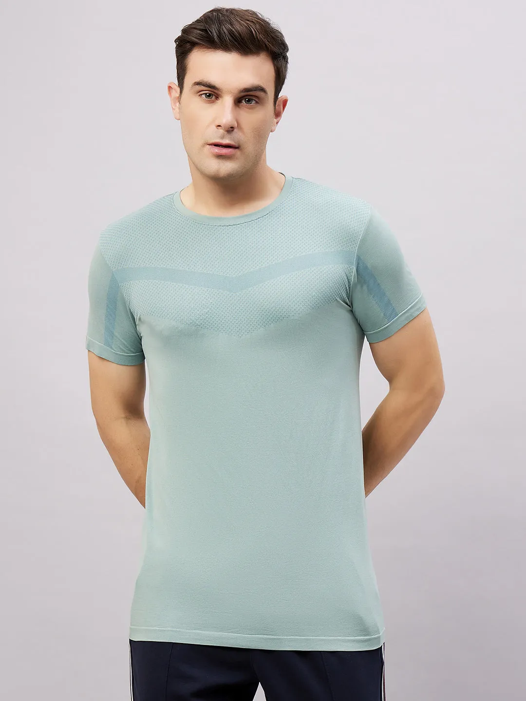 Men's Round Neck Half Sleeves Seamless T-Shirt - Aqua