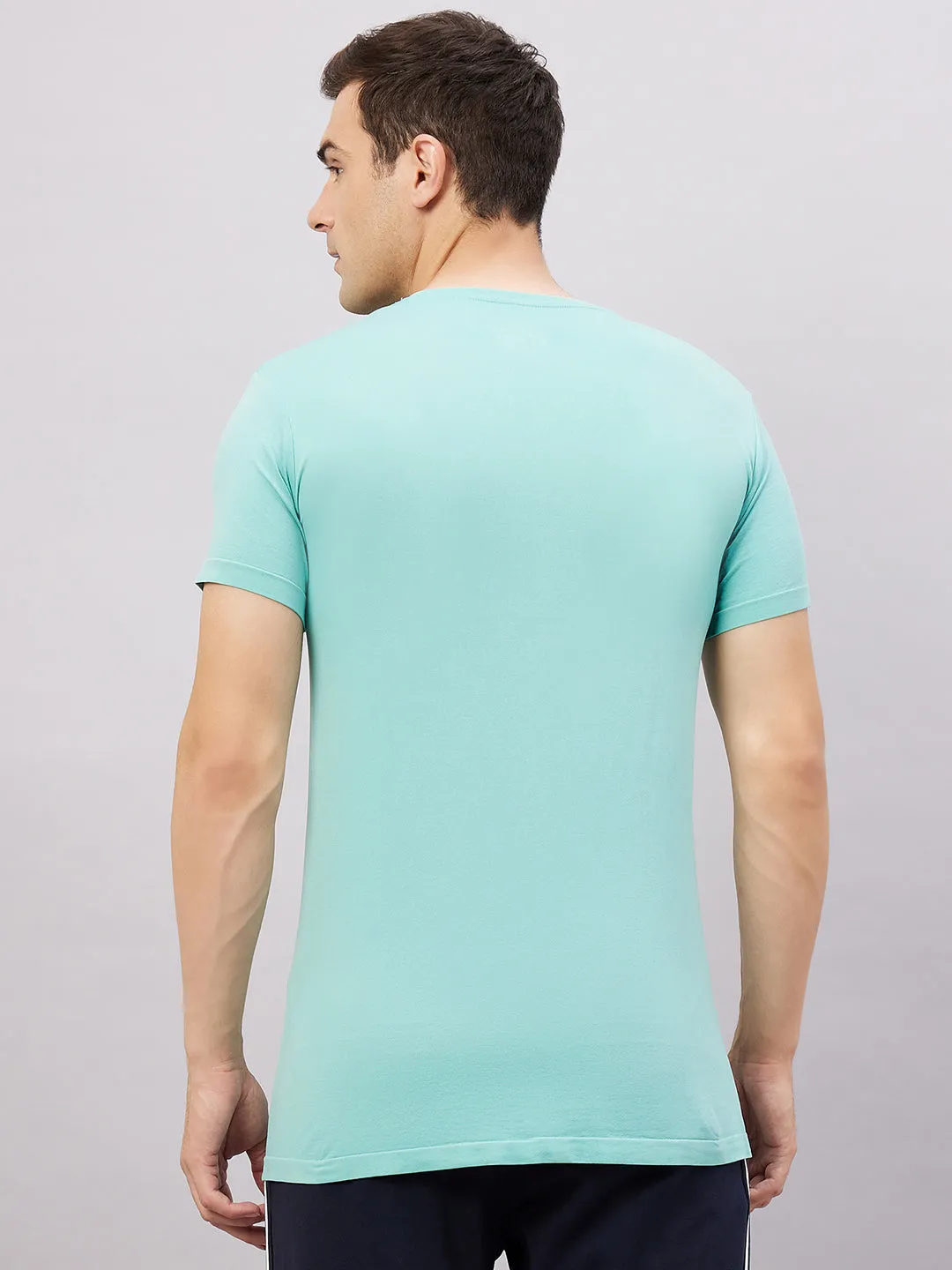 Men's Round Neck Half Sleeves Seamless T-Shirt - Aqua