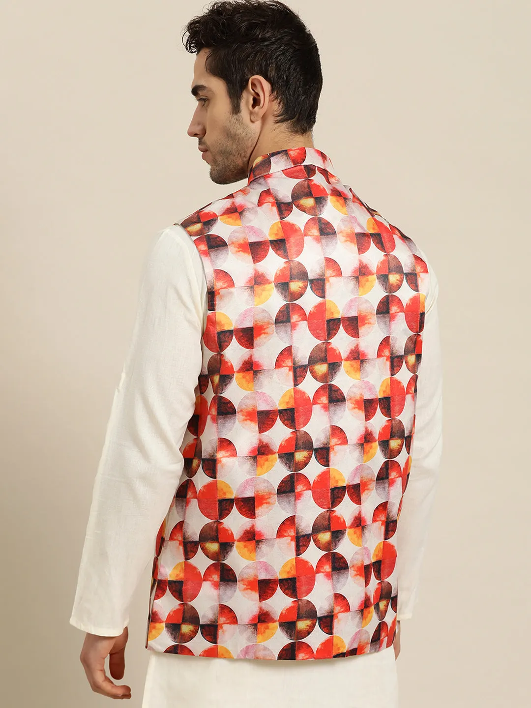 Men's Silk Blend Off white Printed ONLY Nehru Jacket - Sojanya