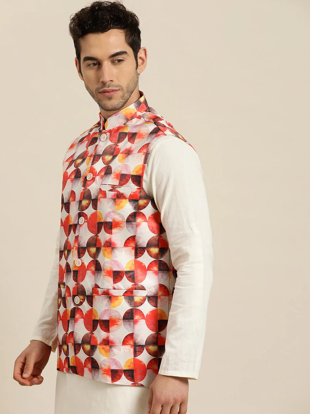 Men's Silk Blend Off white Printed ONLY Nehru Jacket - Sojanya