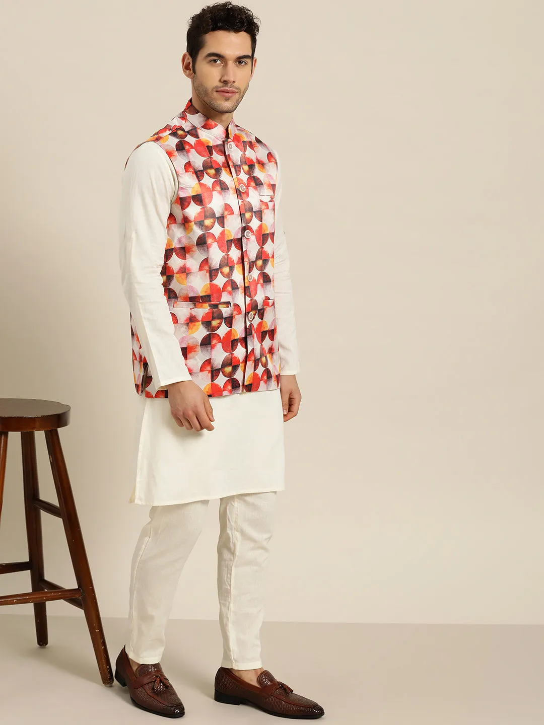 Men's Silk Blend Off white Printed ONLY Nehru Jacket - Sojanya