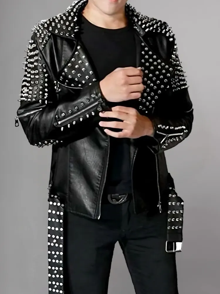 Men's Silver Spikes Studded Brando Leather Jacket