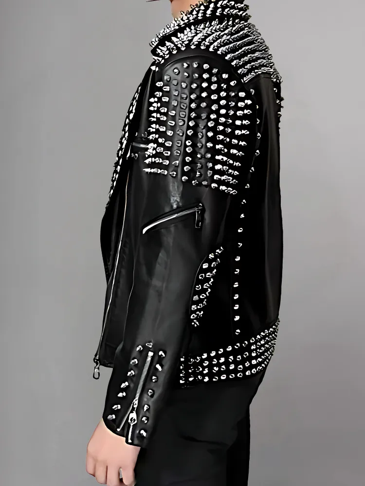 Men's Silver Spikes Studded Brando Leather Jacket