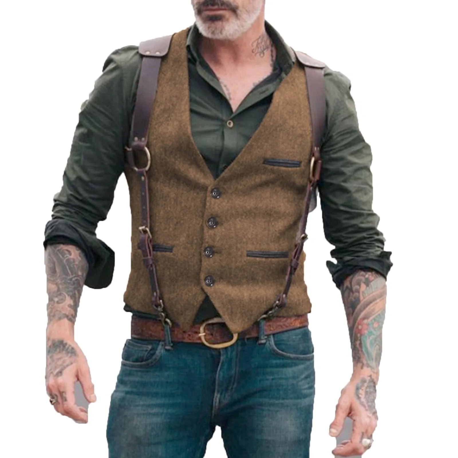 Men's  Tweed Herringbone Retro V Neck Waistcoat