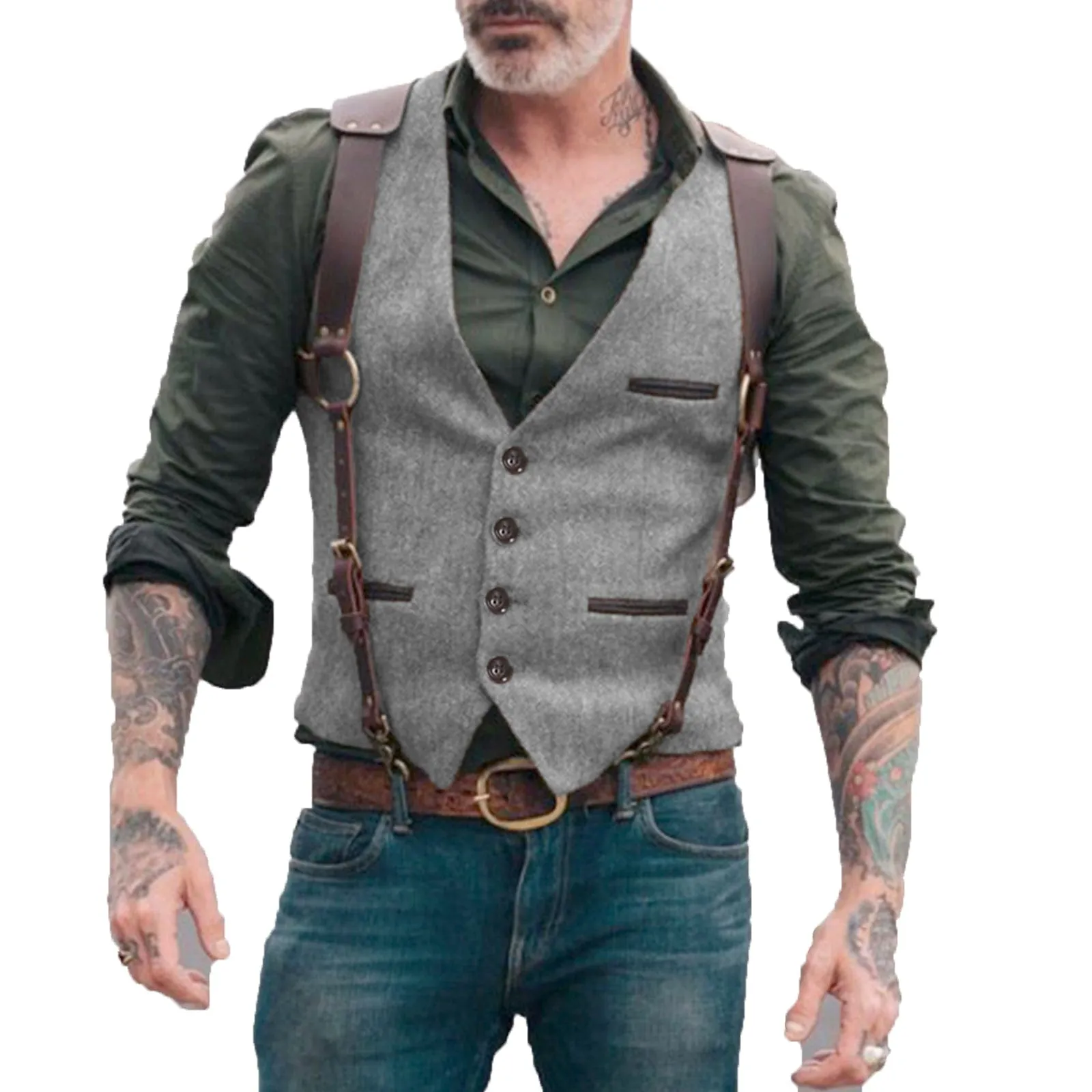 Men's  Tweed Herringbone Retro V Neck Waistcoat