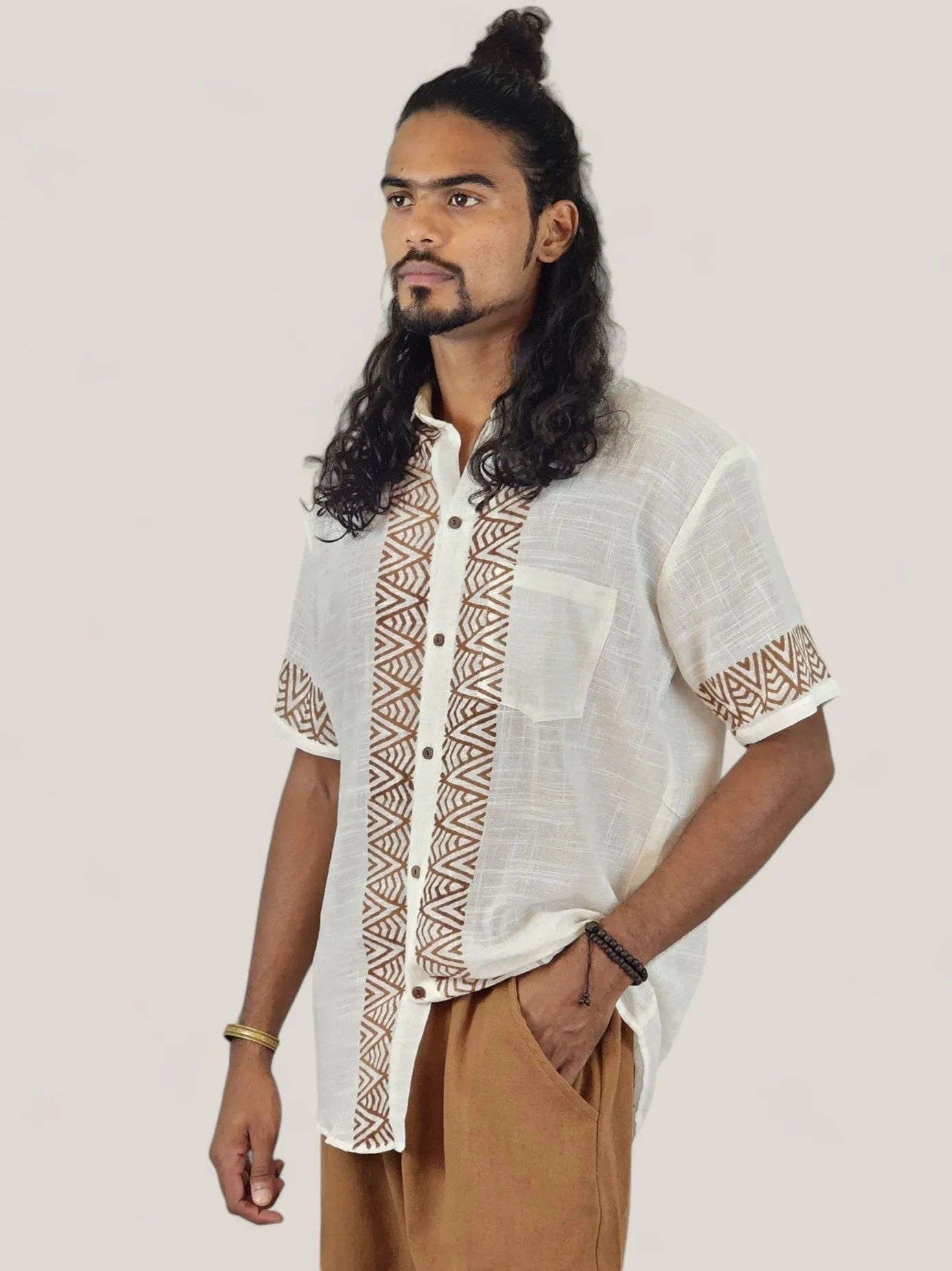 Men's White Organic Linen Short Sleeve Block-Printed Button-Down Shirt